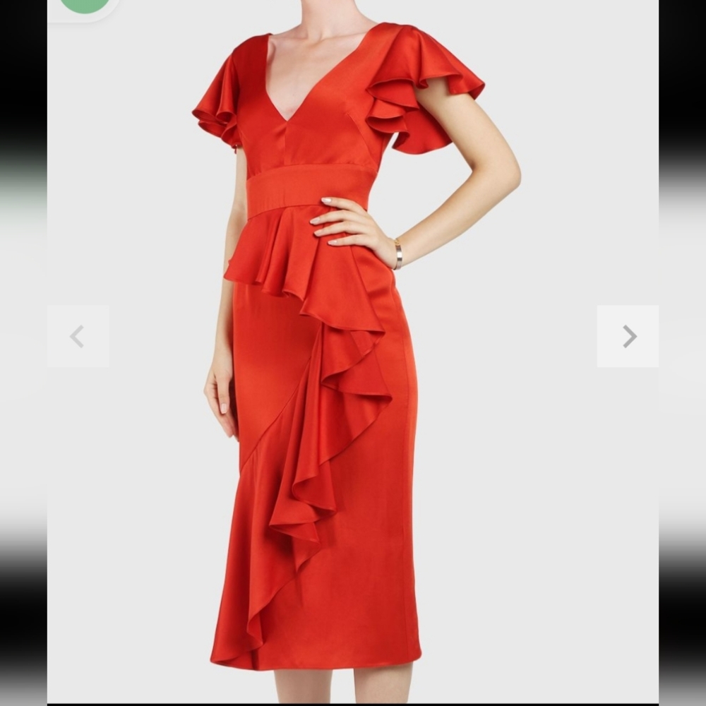 Temperley London Tomato Red Satin Flounce Dress Sz 10